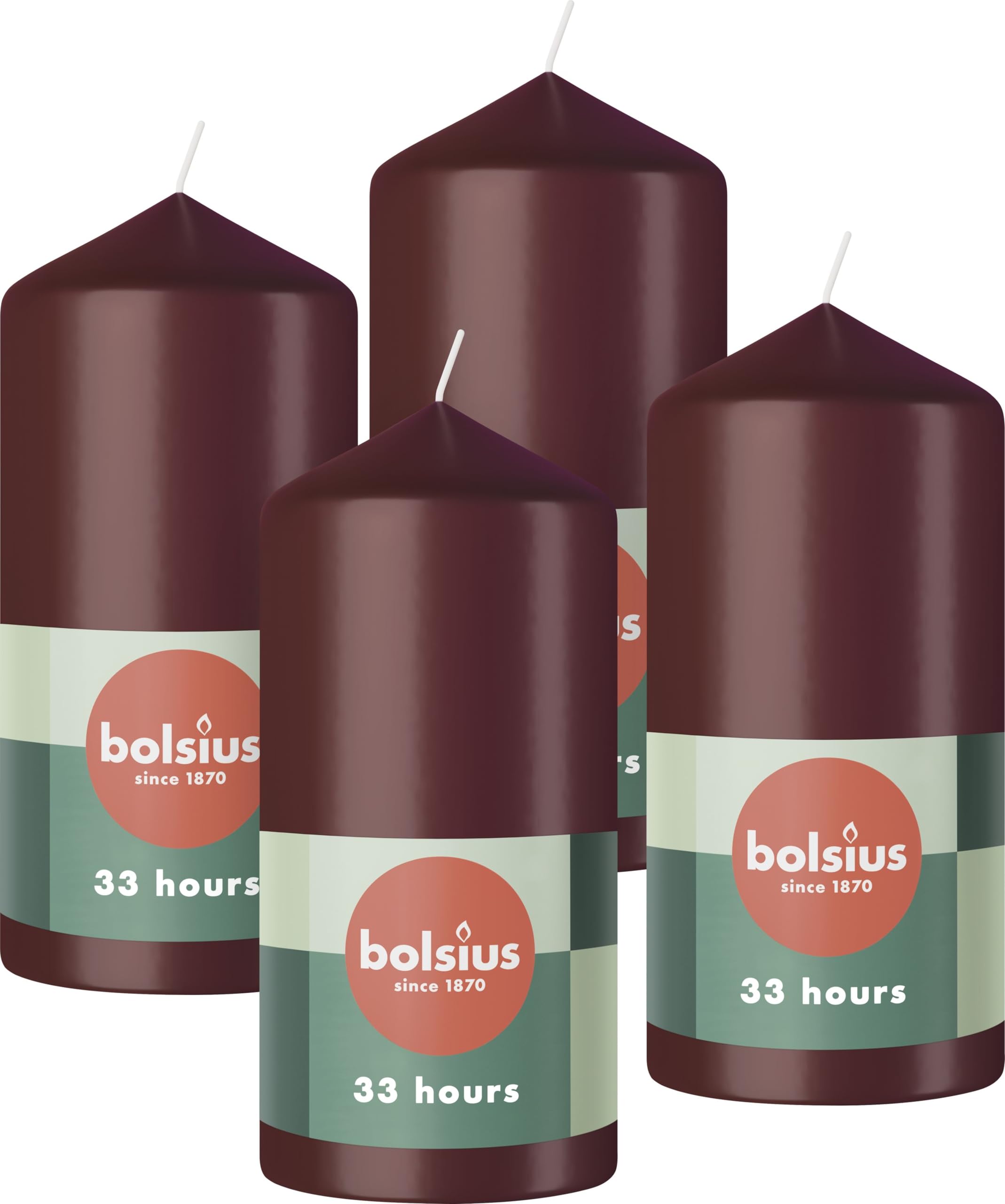 Bolsius Pillar Candles - Dark Red - 4-Pack - 12 x 6 cm - Decorative Household Candles - Long Burning Time of 33 Hours - Unscented - Includes Natural Vegan Wax - Without Palm Oil