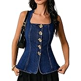 EZAPINE Women's Metal Button Front Denim Tank Top Sleeveless Square Neck Slim Fit Jean Vest