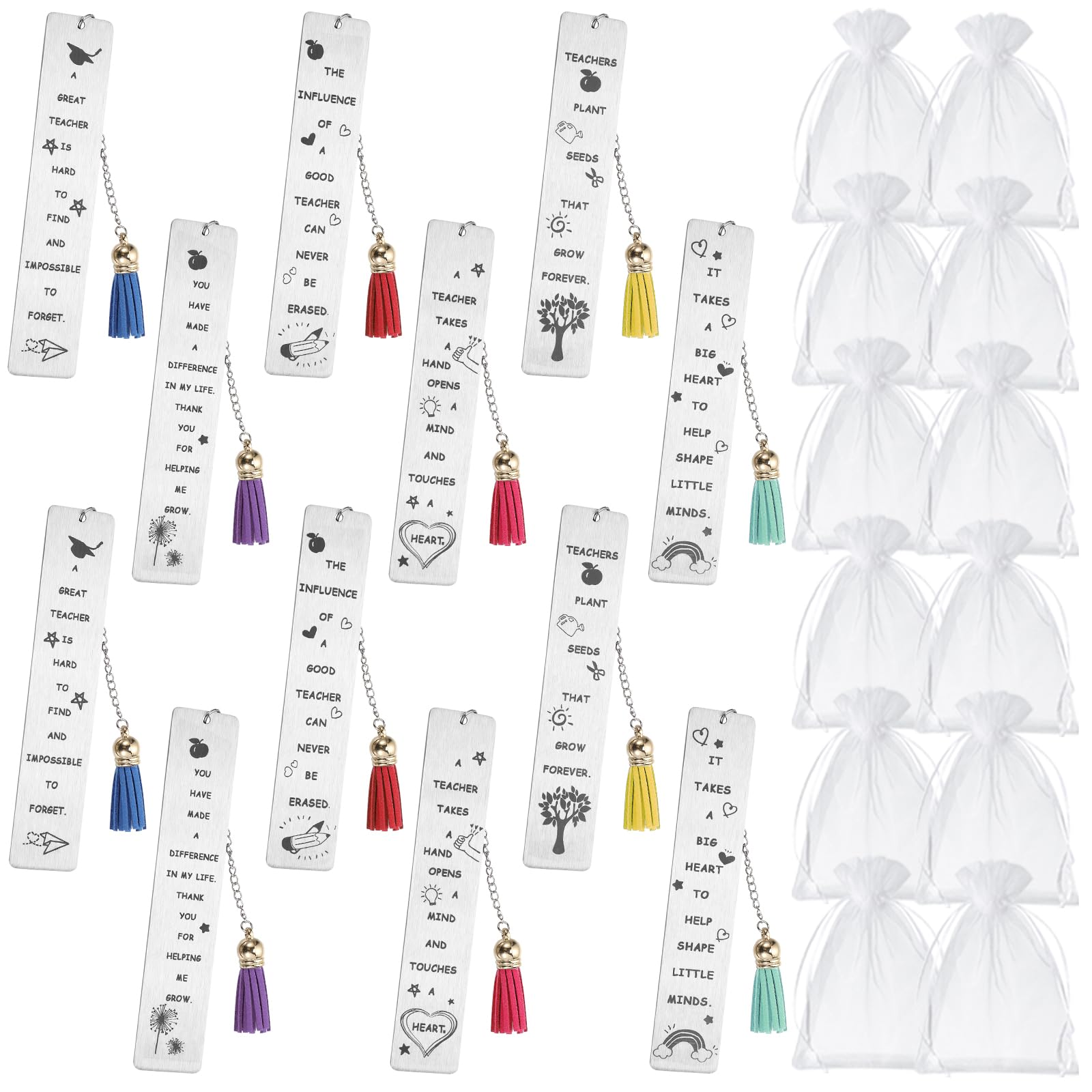 Dianelhall 12 Sets Teacher Appreciation Gifts 12 Teacher Appreciation Bookmark with Organza Bag Set Thank You Gifts for Women Men Tutors Teaching Assistant Counselor