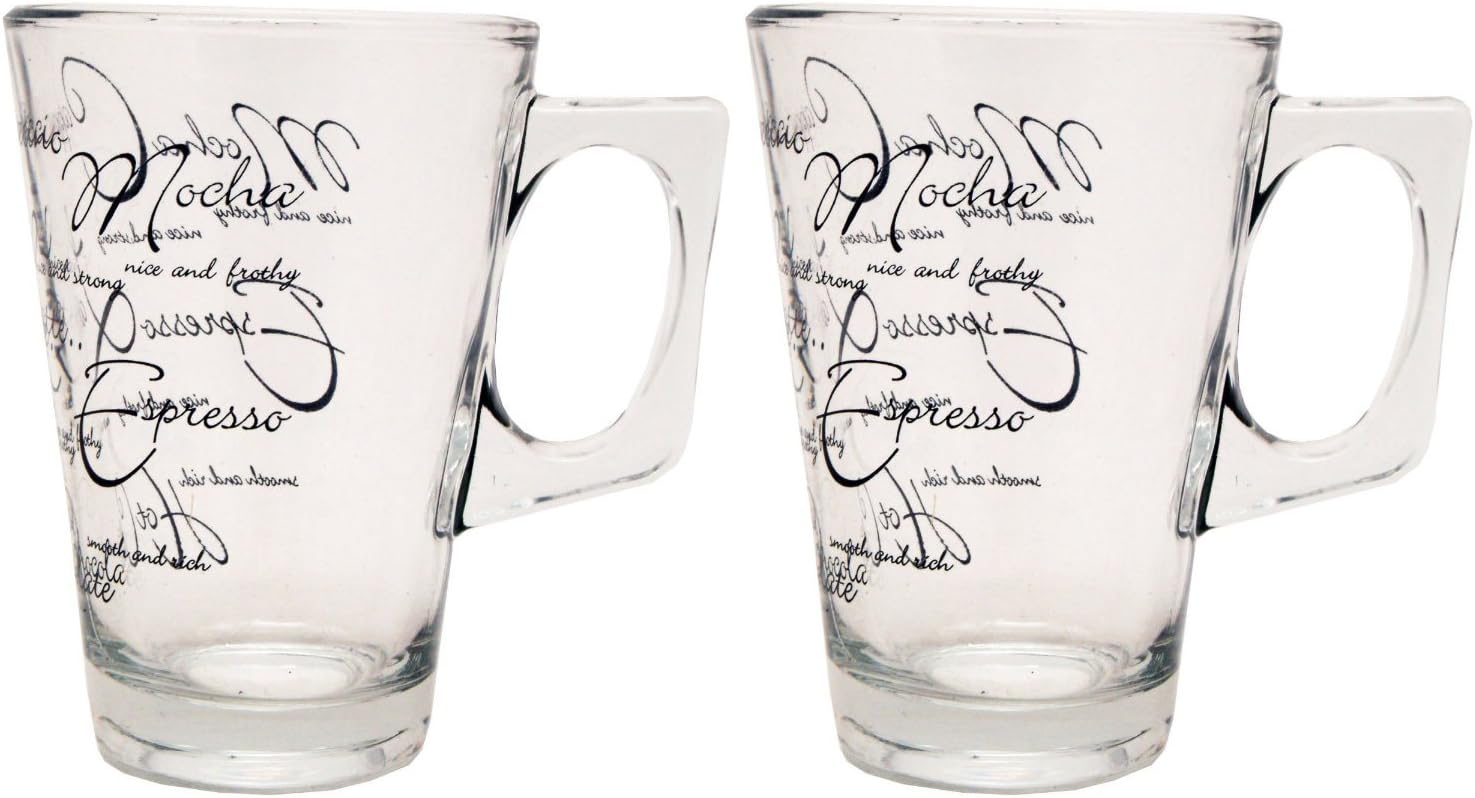 Set of 6 Latte Glasses Hot Chocolate Cappuccino Tea Coffee Script Mugs