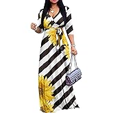 FANDEE Women's 2025 Maxi Dress - Floral Printed Bohemian Summer Long Maxi Dress V-Neck 3/4 Sleeve Striped Flower 3XL