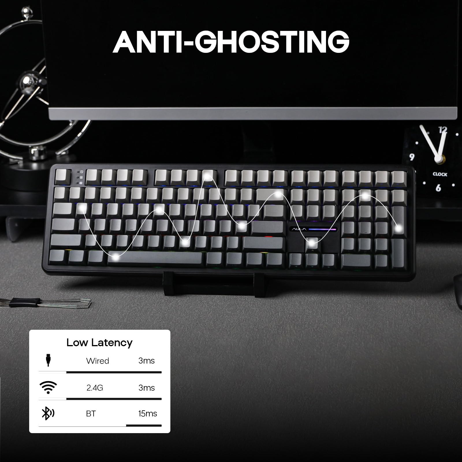 EPOMAKER AULA F108 Wireless Gaming Keyboard Full Size Mechanical Keyboard with 8000mAh Battery, 108 Hot Swappable Programmable Keys RGB Backlight for Mac/PC/Android Certified (Black Gradient, Graywood