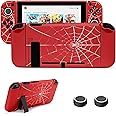 JINGDU Protective Case Compatible with Nintendo Switch 2017, TPU Case Accessory for Switch Console and Grip Joy-Con, Switch Protector with 4 Thumb Grips, Red Spider Web