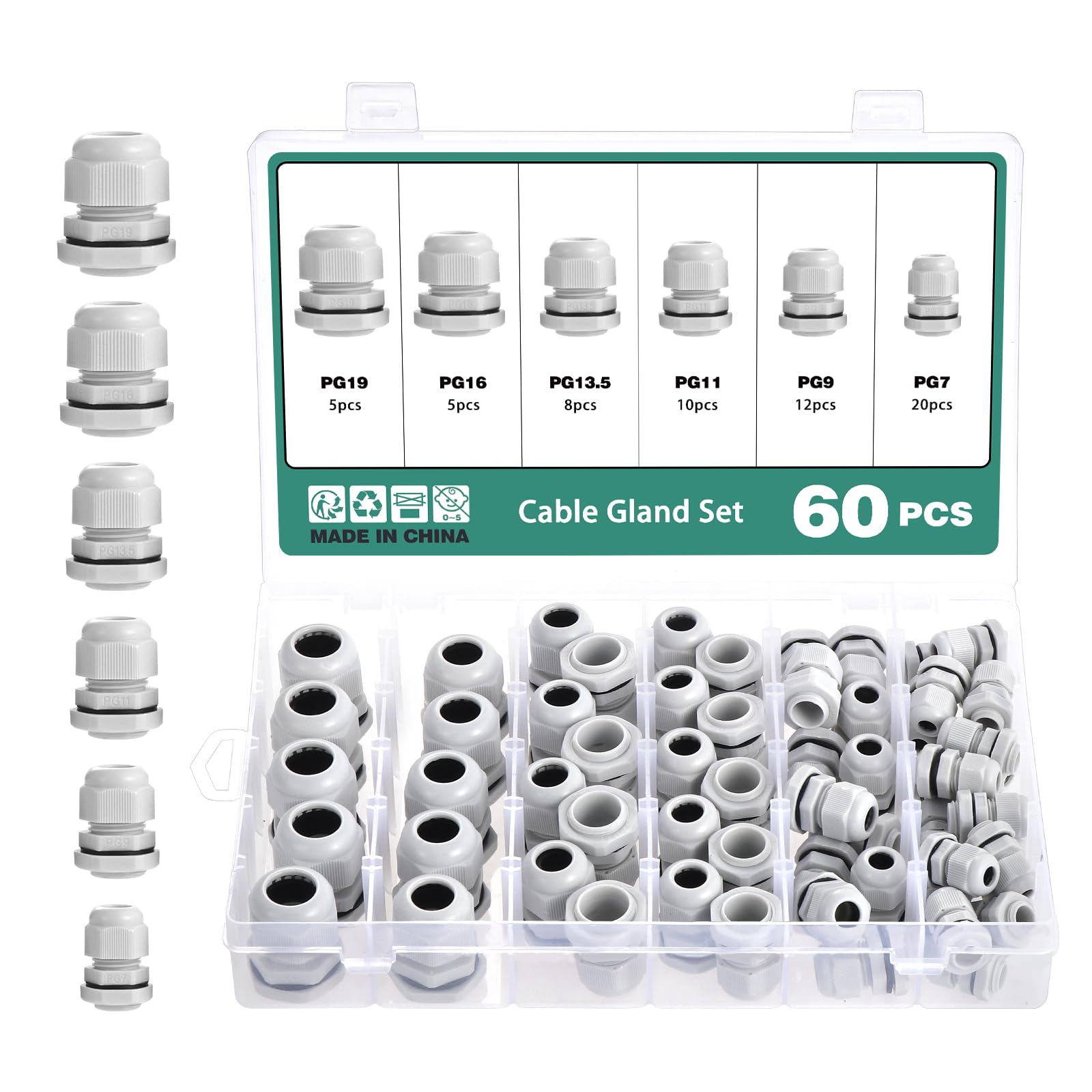 Faankiton Adjustable Cable Glands, Waterproof Nylon Cable Glands, Cable Gland Waterproof Cable Connectors, Thread Gland Connectors, Cable Gland Wire Protector (60PCS PG7/PG9/PG11/PG13.5/PG16/PG19)