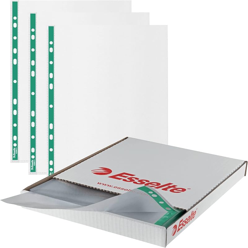Esselte A4 Punched Pockets 500x Poly Pockets 43 Micron Reinforced Green Spine