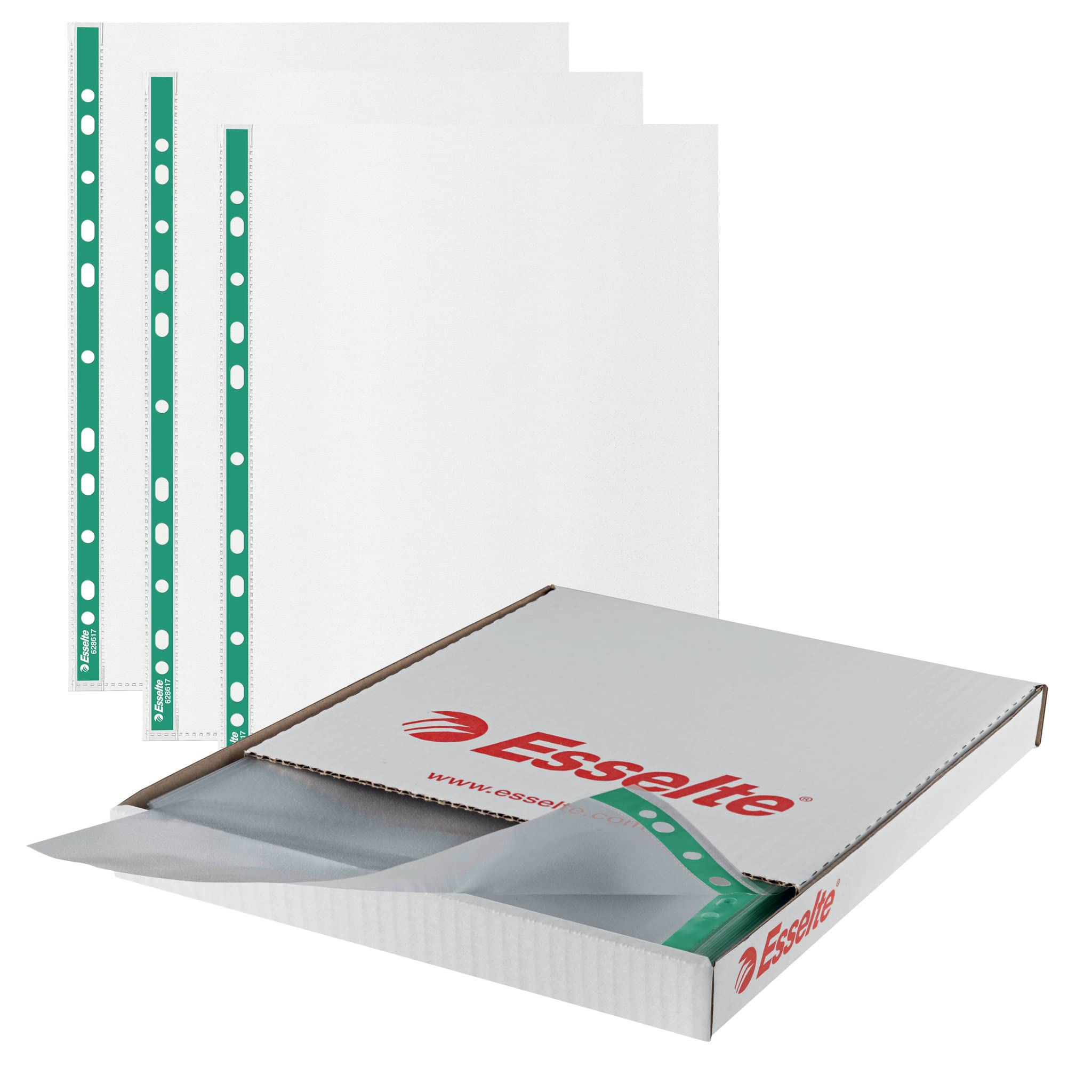 Esselte A4 Punched Pockets, 500 x Poly Pockets, 43 Micron Thickness, Embossed A4 Pockets With Punched Reinforced Green Spine, Ideal For Lever Arch Files & Ring Binders (Pack of 500), 628617