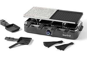 Starfrit 8-Person Raclette Party Grill - 2-in-1 Die-Cast Aluminum & Cooking Stone - Reversible Grill/Griddle Plate - Adjustab