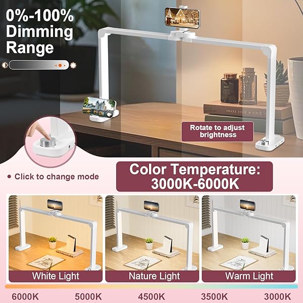 IVICT NAIL DESK LAMP, 34″ NAILS TECH LIGHT WITH PHONE STAND, 0-100% ADJUSTABLE BRIGHTNESS, 3000K-6000K COLOR TEMPERATURE LED DESK LAMP FOR NAIL, TATTOOS, EYEBROWS, BEAUTY