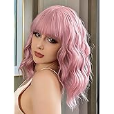 FREEMEIGE Short Bob Wigs 14" Pink Wigs with Bangs for Women Wavy Shoulder Length Synthetic Wig Colorful Cosplay Daily Party Wigs for Women