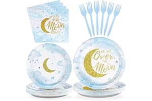 Grencian 96 Pcs Over The Moon Baby Shower Decorations Plates Pastel Blue Moon Tableware Set We Are Over The Moon Baby Shower Supplies Plates Napkins for Boys Gender Reveal Twinkle Little Star Decor