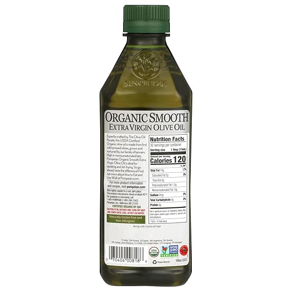 POMPEIAN USDA ORGANIC SMOOTH EXTRA VIRGIN OLIVE OIL, CONTAINS POLYPHENOLS, FIRST COLD PRESSED, 16 FL OZ, 473 ML