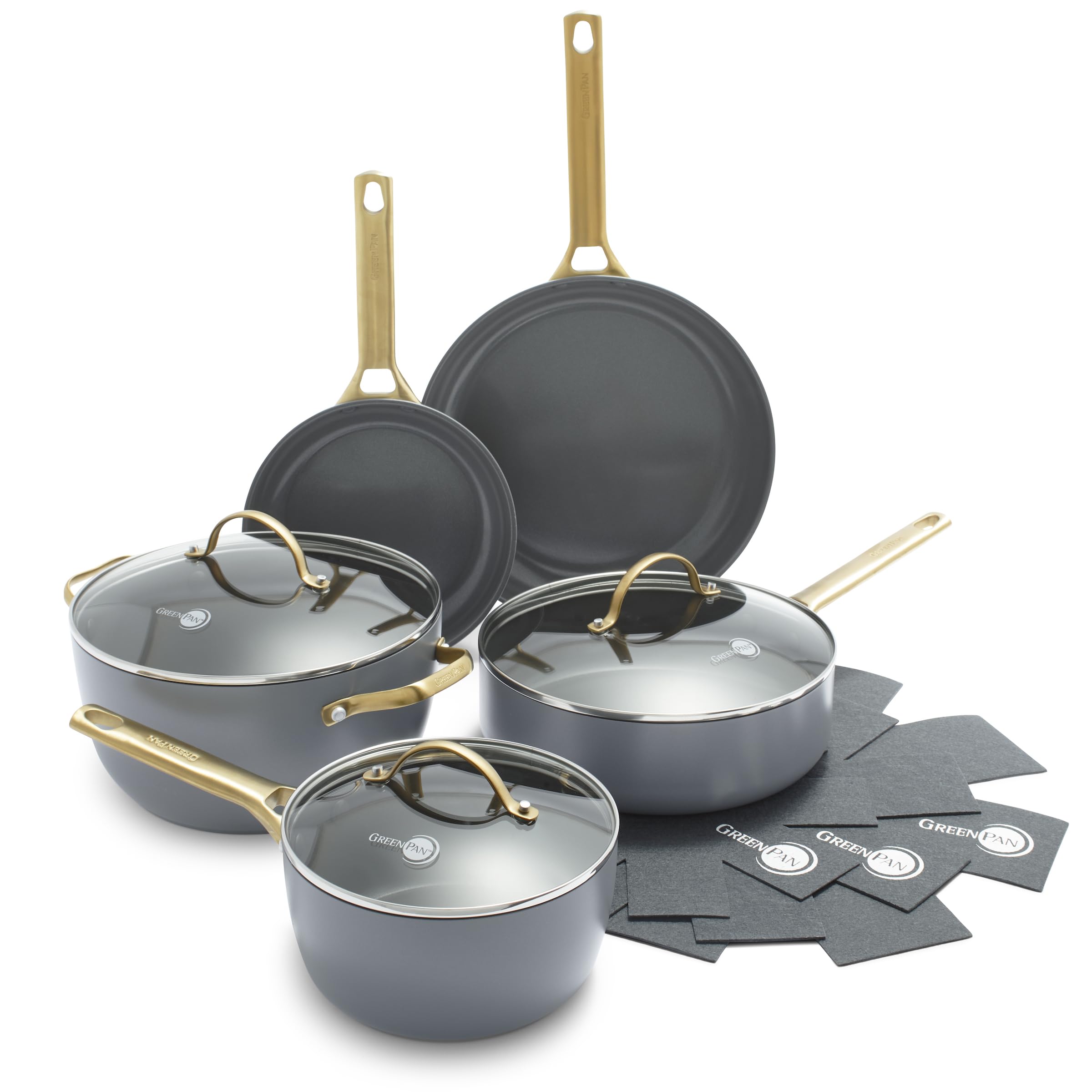 Photo 1 of ***MISSING PARTS*** GreenPan Hard Anodized Healthy Ceramic Nonstick 8 Piece Cookware Pots and Pans Set, Gold-Tone Stainless Steel Handles, PFAS & PFOA-Free, Dishwasher Safe, Oven & Broiler Safe, Charcoal