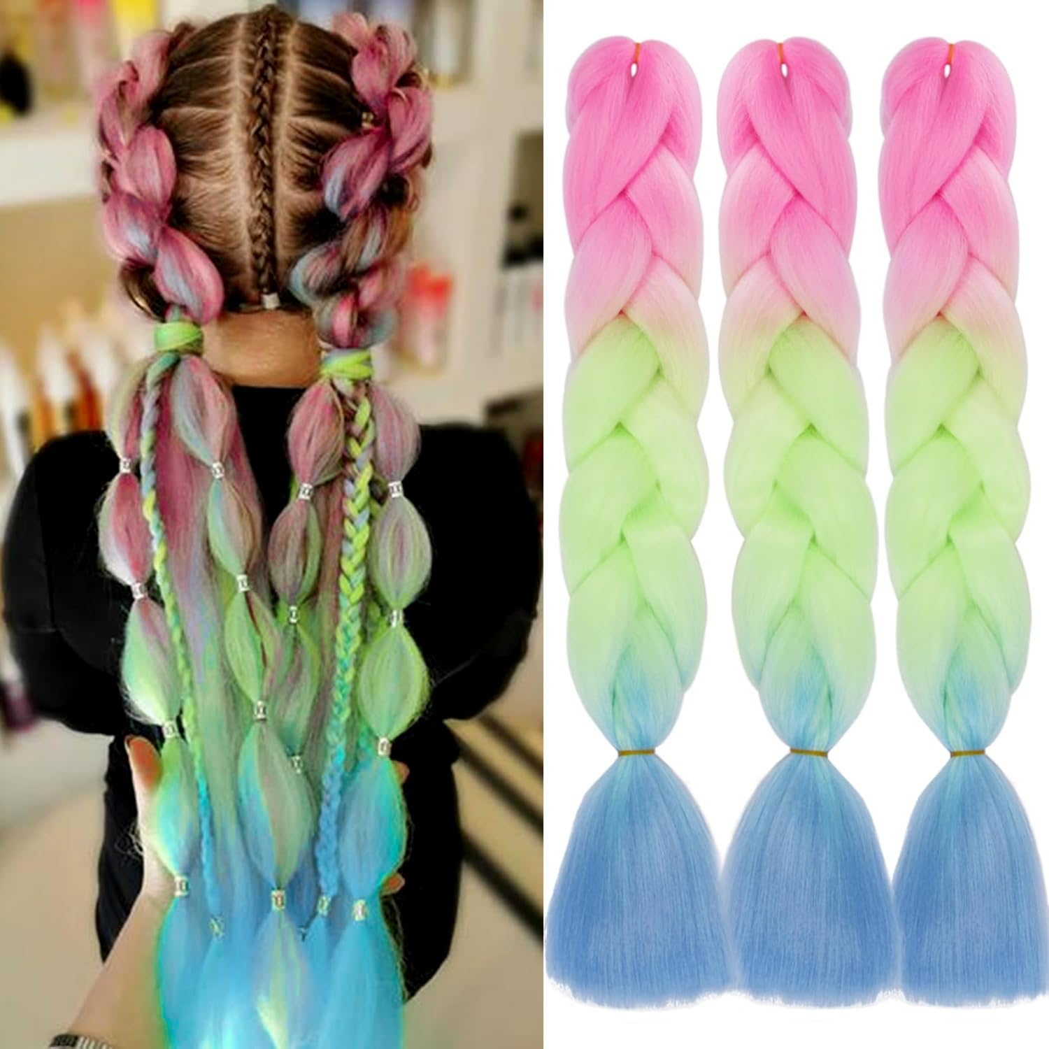 Colorfulpanda 3pcs/pack Ombre Jumbo Braiding Hair Extensions,Heat Resistant Synthetic Pre Stretched Braiding Hair,for Box Braids Braiding Hair 24inch (Pink/Green/Blue)