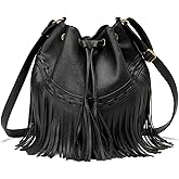 Leather Bucket Bags for Women Crossbody Fringe Purses with Drawstring Ladies Tassel Hobo and Shoulder Handbags