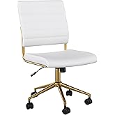 Martha Stewart Ivy Armless Swivel Task Chair for Home Office in White Faux Leather with Polished Brass Frame