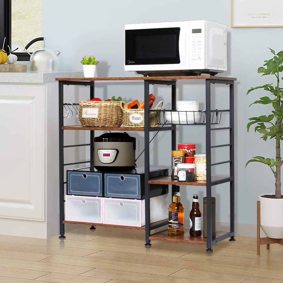 KingSo Industrial Kitchen Baker’s Rack Utility Storage Shelf, Microwave Oven Stand Kitchen Shelf Organizer Work Table with 7 Hooks, Simple Assembly Wood Look - Standing Baker's Racks