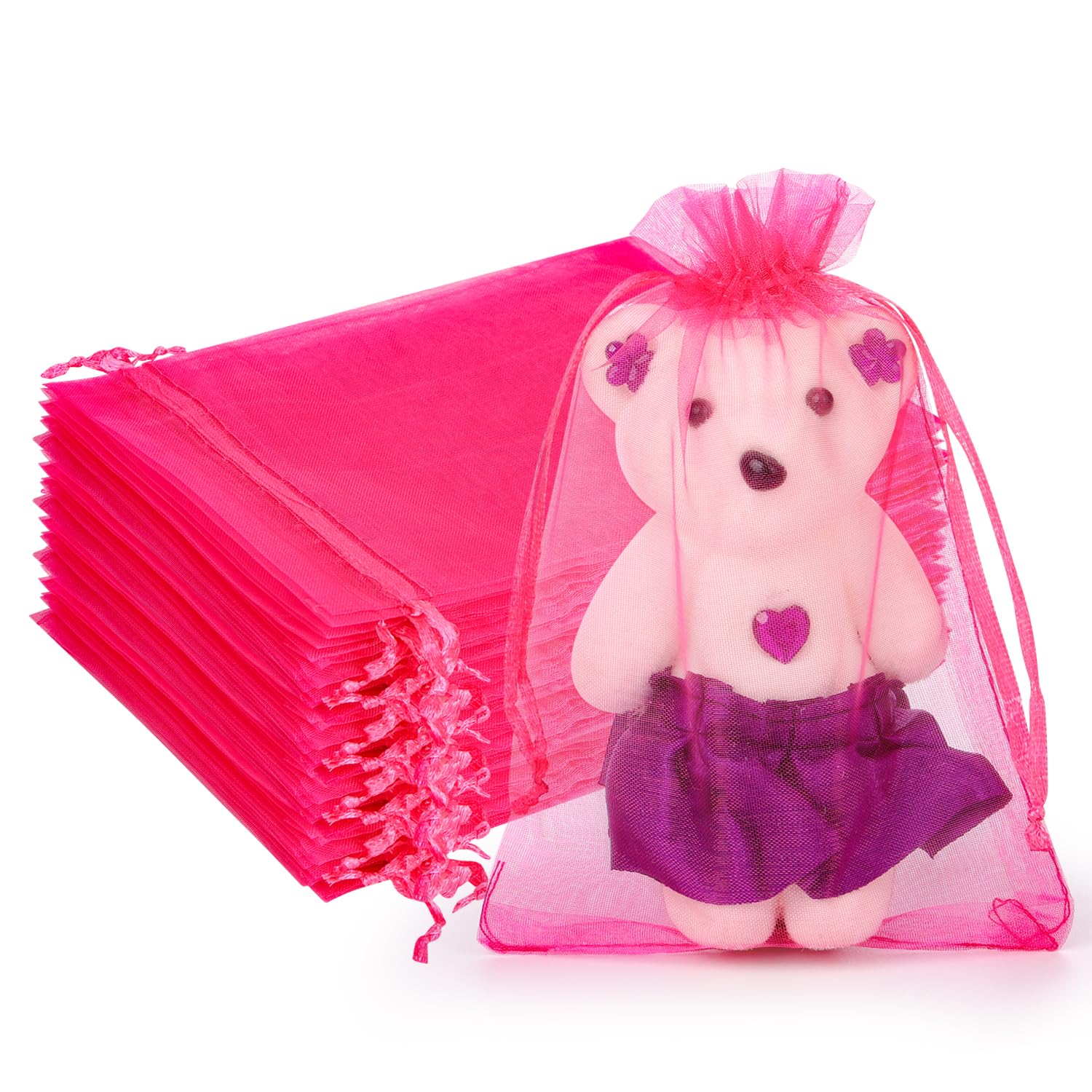 Photo 1 of 100pcs Organza Bags, Hot Pink Mesh Drawstring Gift Bags, 4x6inch Jewelry Pouches Small Sachet for Christmas Candy Party Favor