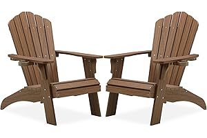 Psilvam Oversized Adirondack Chair, Fade-Resistant & Odor-Free Poly Lumber Fire Pit Chairs with Cup Holder, Weatherproof Lawn Chair, Installs in 15 Min Patio Chair, 350 Lbs Support (2, Light Brown)