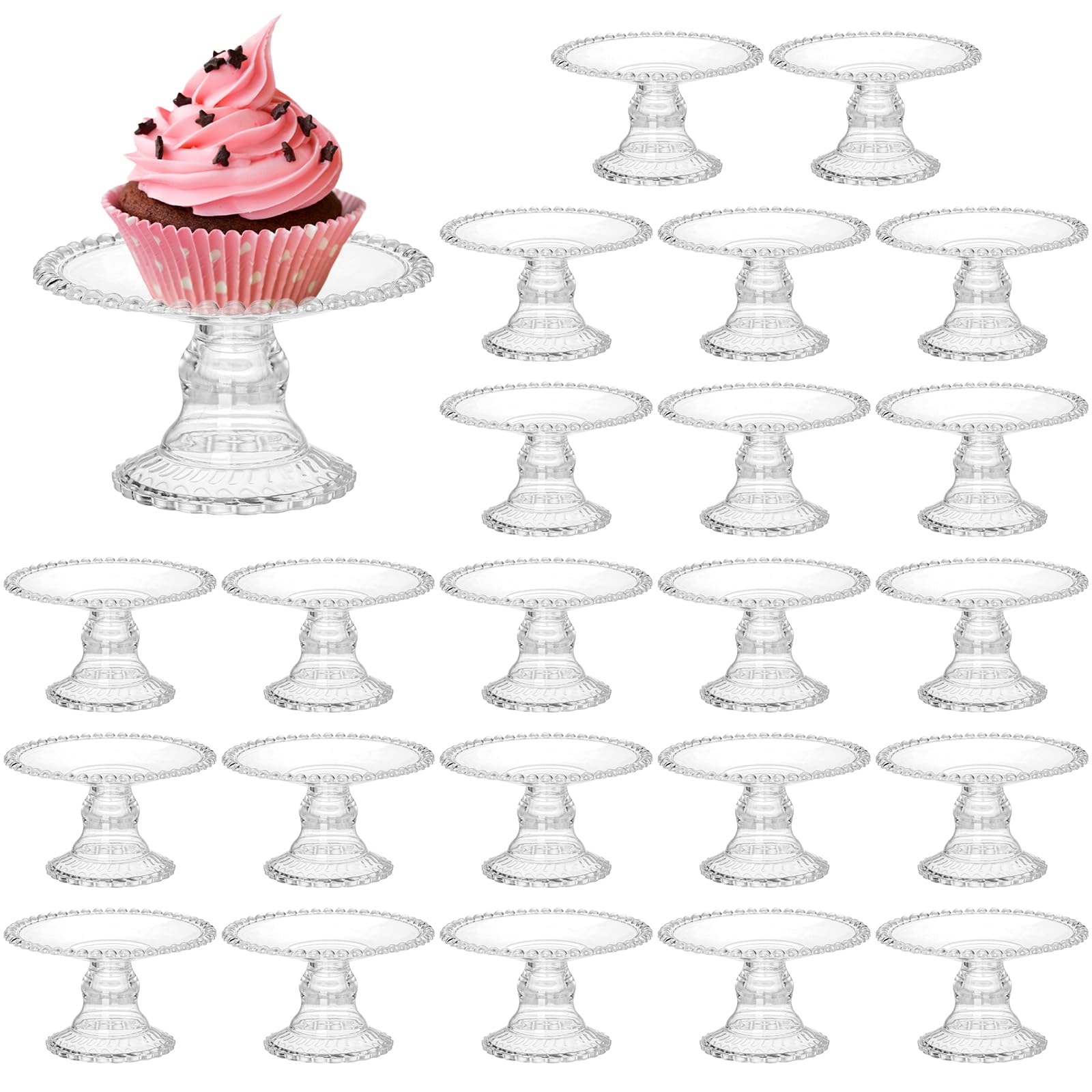 Photo 1 of Hacaroa 24 Pcs Mini Cake Plate Stand, Plastic Single Cupcake Holder Serving Plate, Clear Small Dessert Display Stand Tray for Chocolate, Fruits, Baby Shower, Wedding, Birthday, Party