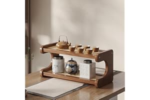 D-WERACK Coffee Bar Station Organizer, Mug Holder for Countertop Cabinet, Matcha Stand Tea Accessories Storage Shelf, Coffee Syrup Organizer，Cup Display Rack, Rustic Wooden & Wicker-like Plastic