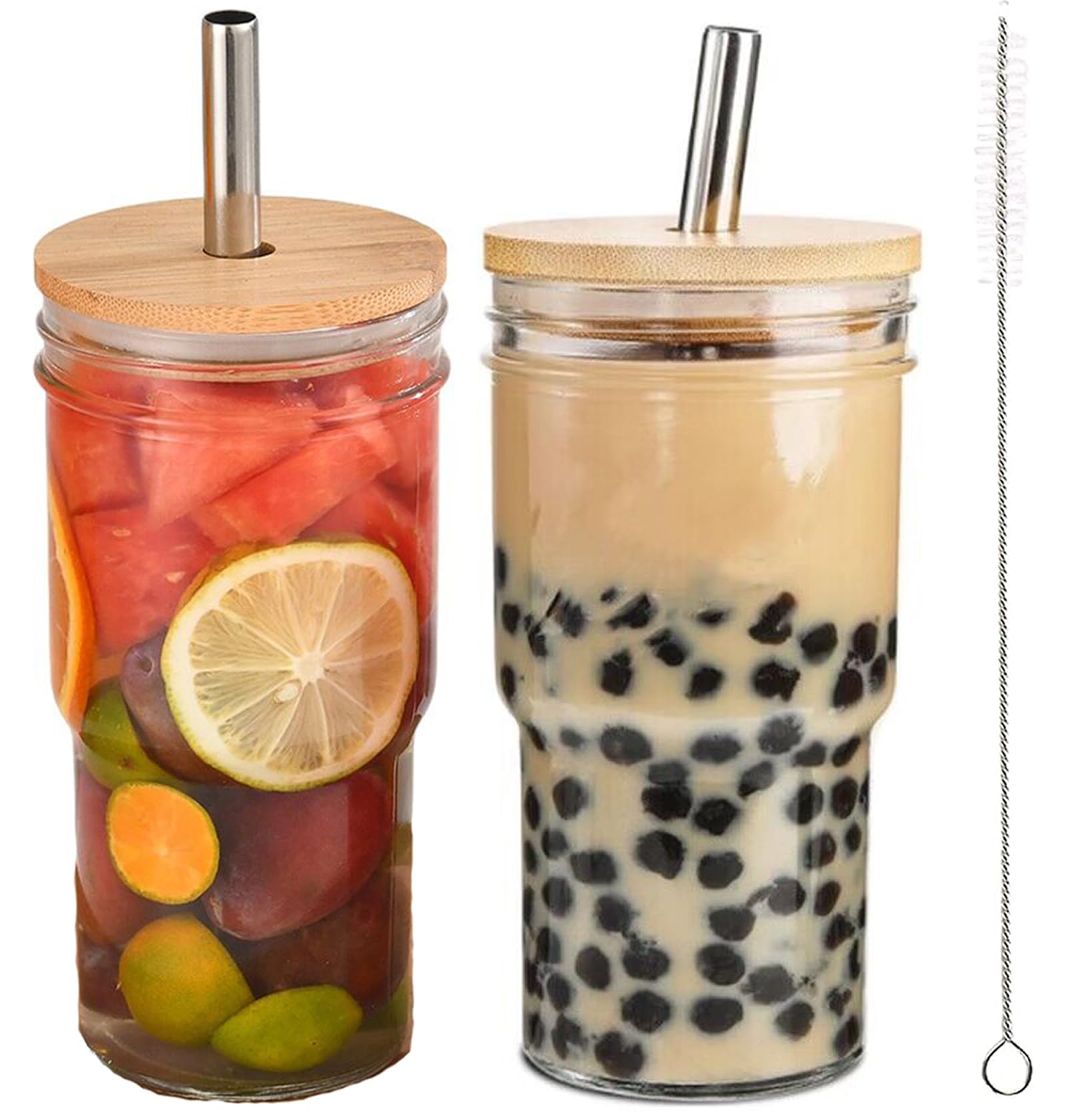 KKGUD Set of 2 Stepped, Mason-Style, Wide-Mouth Drinking Glasses, 11oz with Wood Lid and Reusable Stainless Steel Straws