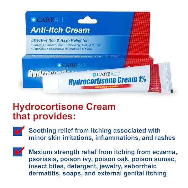 CAREALL HYDROCORTISONE 1%, 1OZ TUBE (PACK OF 4), MAXIMUM STRENGTH ANTI-ITCH CREAM, RELIEF FROM ITCHING AND REDNESS FROM BUG BITES, ECZEMA, PSORIASIS, POISON IVY, OAK AND SUMAC