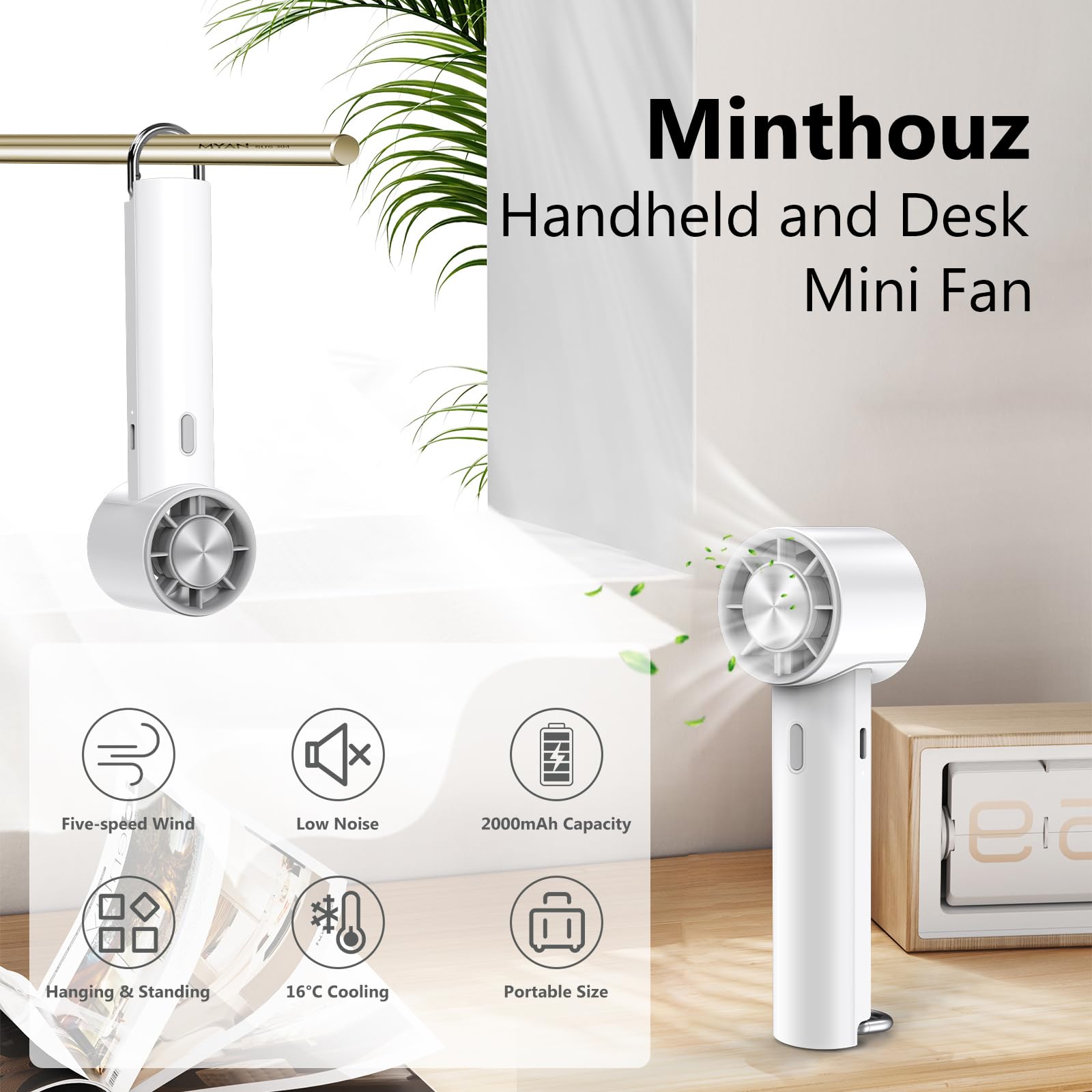 Minthouz Handventilator, ultraleiser tragbarer Tischventilator mit 5 Geschwindigkeiten, 2000mAh Akku & USB-C, 16°C Sofortkühlung, klappbare Halterung, ideal für Reisen, Zuhause & Büro 2