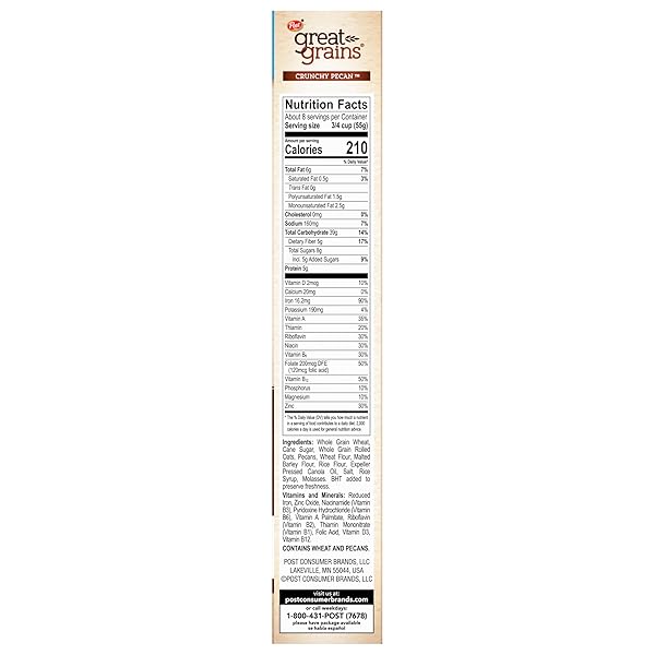 GREAT GRAINS CRUNCHY PECANS BREAKFAST CEREAL FOR ADULTS, CRISPY FLAKES AND GRANOLA CLUSTERS, NON-GMO, HEART HEALTHY, MADE WITH WHOLE GRAIN, 16 OZ BOX