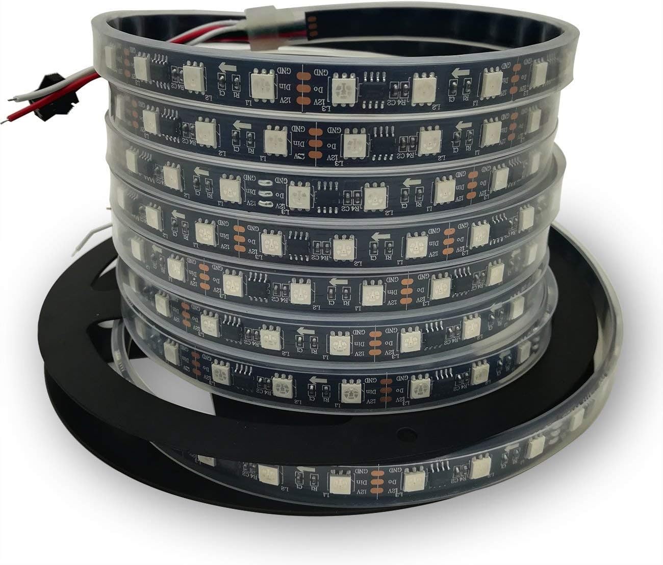 IKSACE DC12V 16.4ft 5M WS2811 1903 Waterproof Programmable Dream Color LED Digital Strip 300LEDs 100ICs Pixel Strings 5050 RGB Flexible Colorful Addressable Rope LED strip Black 60LEDs/M IP68