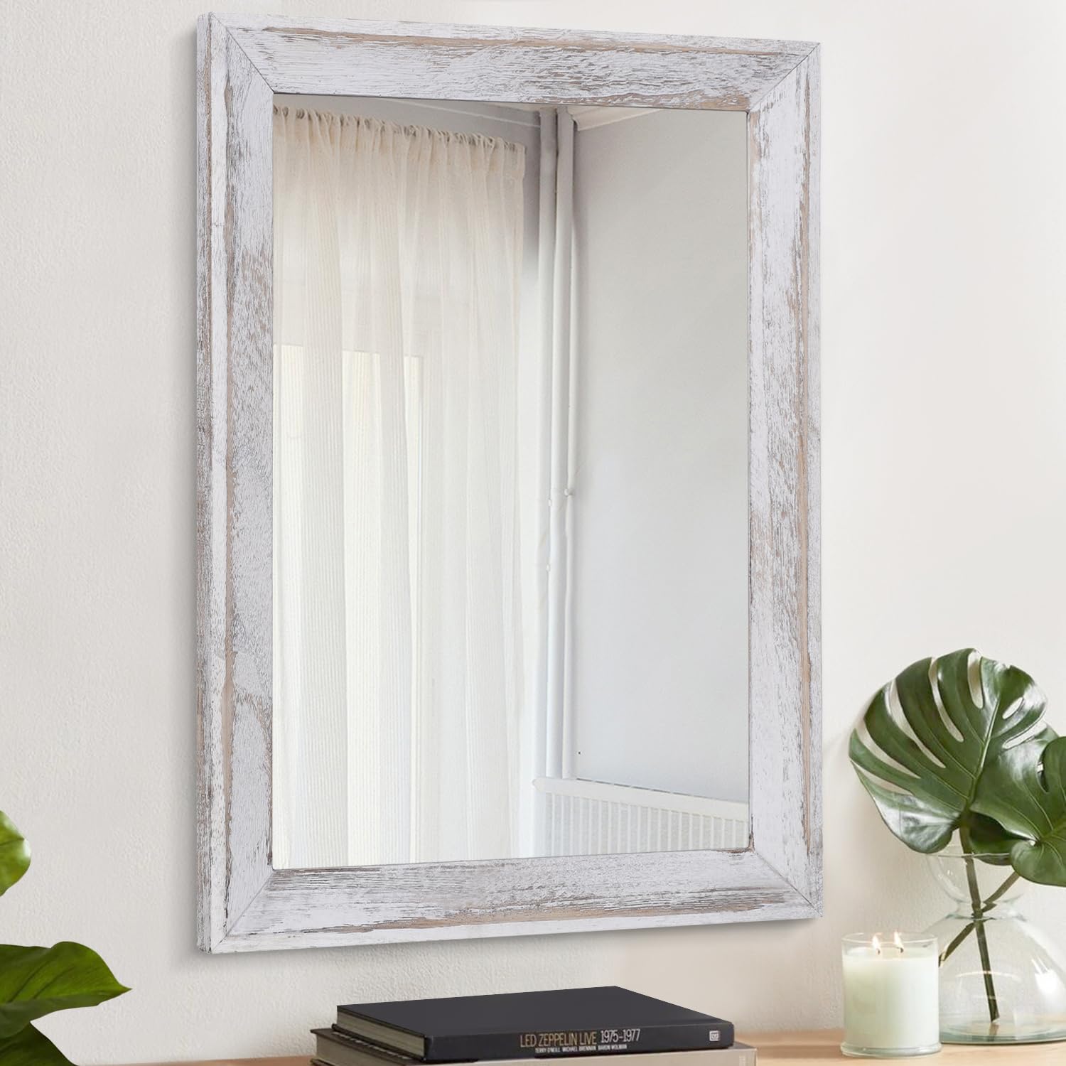 AAZZKANG Mirrors for Wall with Rustic Wood Framed Decorative Farmhouse Bedroom Bathroom Hanging Mirror Home Decor Rectangle White