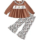 Xiaodriceee Toddler Baby Girl Winter Clothes Cow Embroidery Puff Long Sleeve Top Flared Pants Set Western Baby Girl Clothes