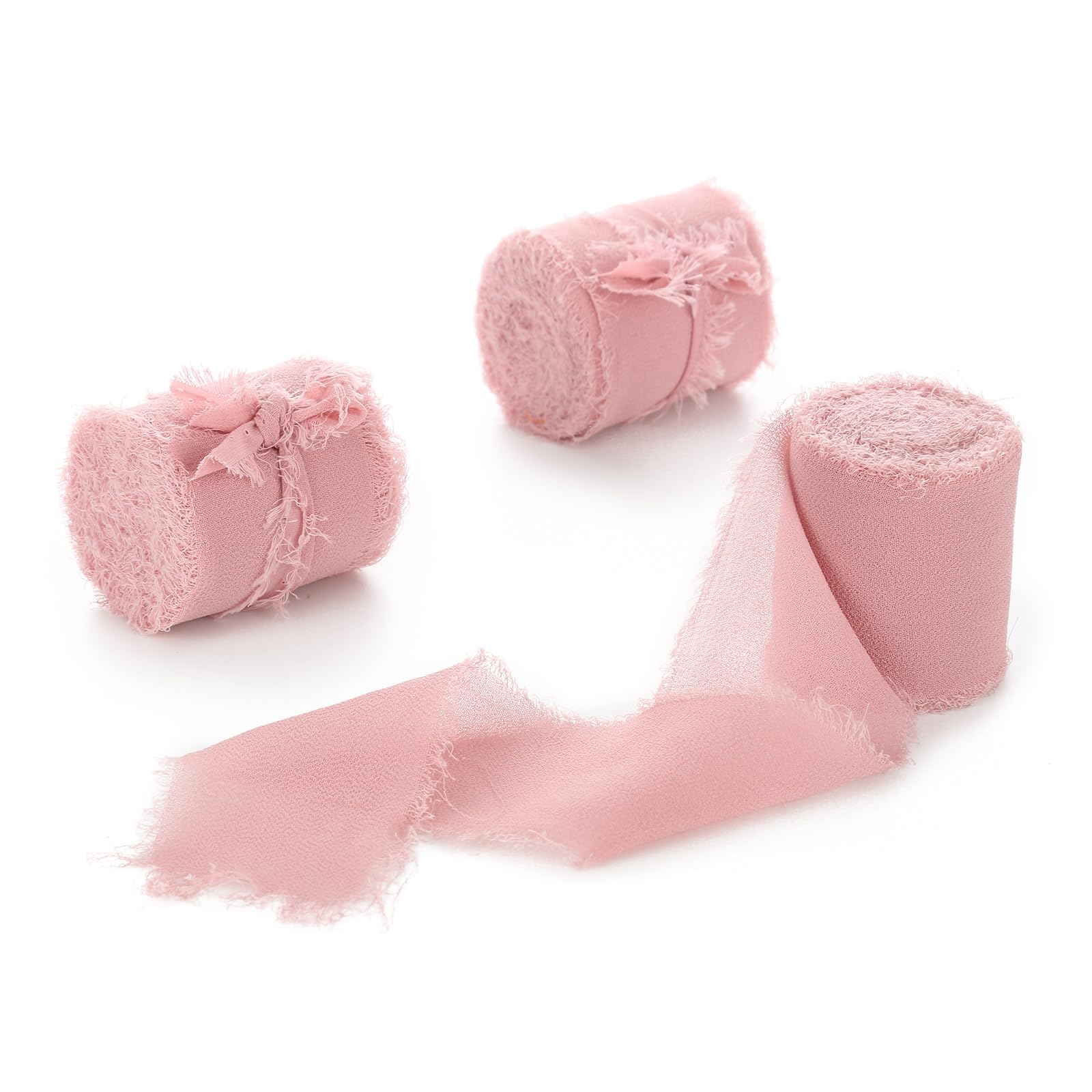 Dusty Rose Chiffon Ribbon 3 Rolls 1.5 inch X 5 Yard Handmade Fringe Silk Chiffon Ribbon Set for Gift Wrapping, Wedding Invitations, Bridal Flower Bouquets, DIY Crafts — image 1