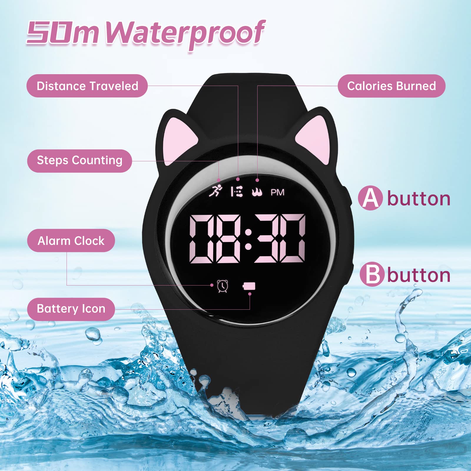 Bigmeda Kids Watch, Digital Watch, Sport Watch with Alarm Clock, Stopwatch, Waterproof Fitness Tracker with No App for Ages 5-12 Children (MEHeipin-Black Pink)