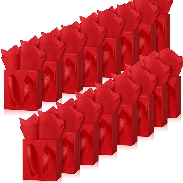 24 Pack Red Metallic Gift Bags With Handles - Medium Size 9.25x8x4.25 Inches, Party Favor Bags For Birthdays, Weddings, Baby Showers