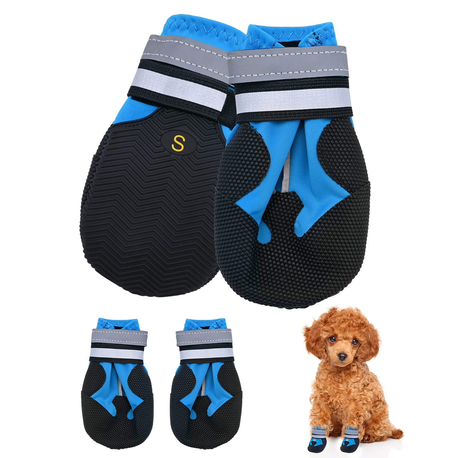 Dog Boots, Set of 4 Waterproof Dog Shoes with Reflective Straps Anti-Slip Sole Outdoor Paw Protectors Puppy Shoes for Small Medium Dogs Autumn Winter (Blue, S)