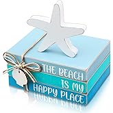 Pinkunn 4 Pcs Starfish Shell Beach Tiered Tray Summer Decor Beach Blue Wooden Book Decor Wood Stacked Book Table Centerpiece 