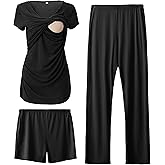 SUNNYBUY Women's Maternity Postpartum Pajamas Set, Breastfeeding Tops，Adjustable Pregnancy Shorts & Pants 3 Piece Nursing PJS