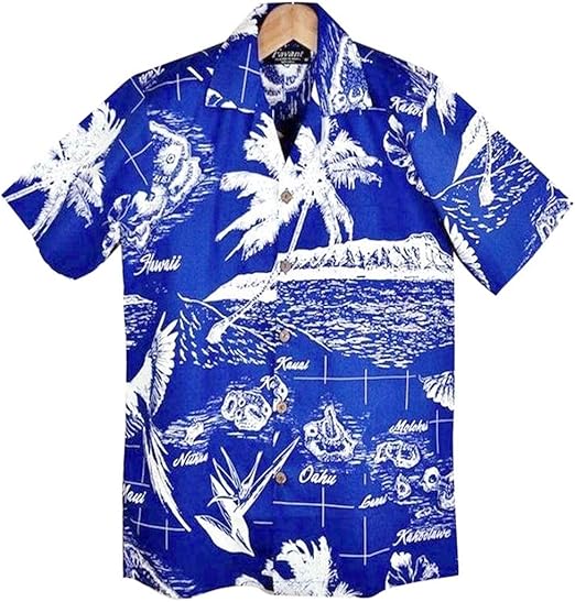 Amazon Favantメンズアロハシャツ Hawaiian Islands 青 白 ハワイ諸島 ダイヤモンドヘッド柄 シャツ 通販