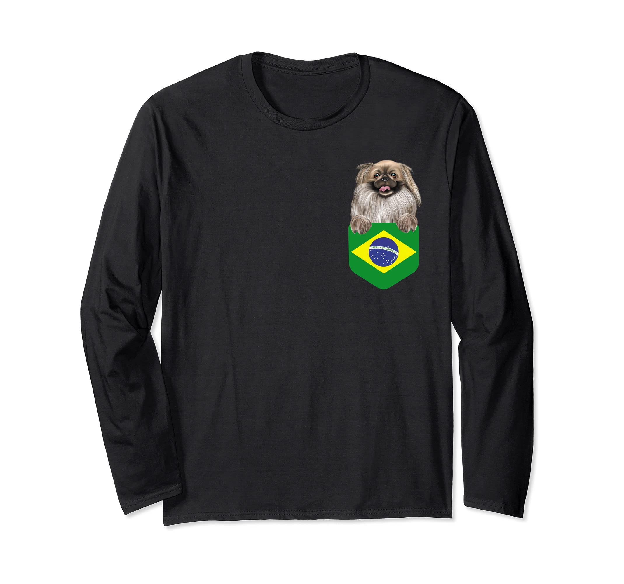 Brazil Flag Pekingese Dog In Pocket Long Sleeve T-Shirt