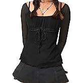 Y2K Mesh Top Women Long Sleeve Shirts Scoop Neck Ruffle Hem Babydoll Blouse