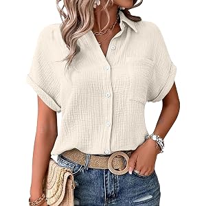 Nantdog Womens Gauze Shirts Summer Casual Loose Button Down Tops Short Sleeve Textured Collared Work Blouses Vacation Clothes