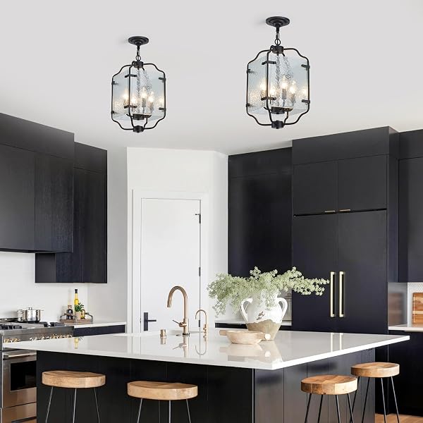 MAJHOIW 10.2″ BLACK CHANDELIERS GLASS 4 LIGHT MODERN FARMHOUSE LANTERN CAGE LAMP ADJUSTABLE HANGING PENDANT LIGHTING FIXTURE FOR KITCHEN ISLAND ENTRYWAY FOYER DINING ROOM