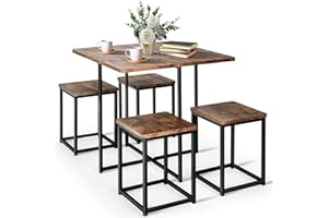 COSTWAY 5 Piece Dining Table Set, Counter Kitchen Table and Chair Set for 4 Includes 1 Square Table and 4 Stools, Space-Saving Pub Dining Set for Living Room, Breakfast Nook, Coffee Shop (Brown)