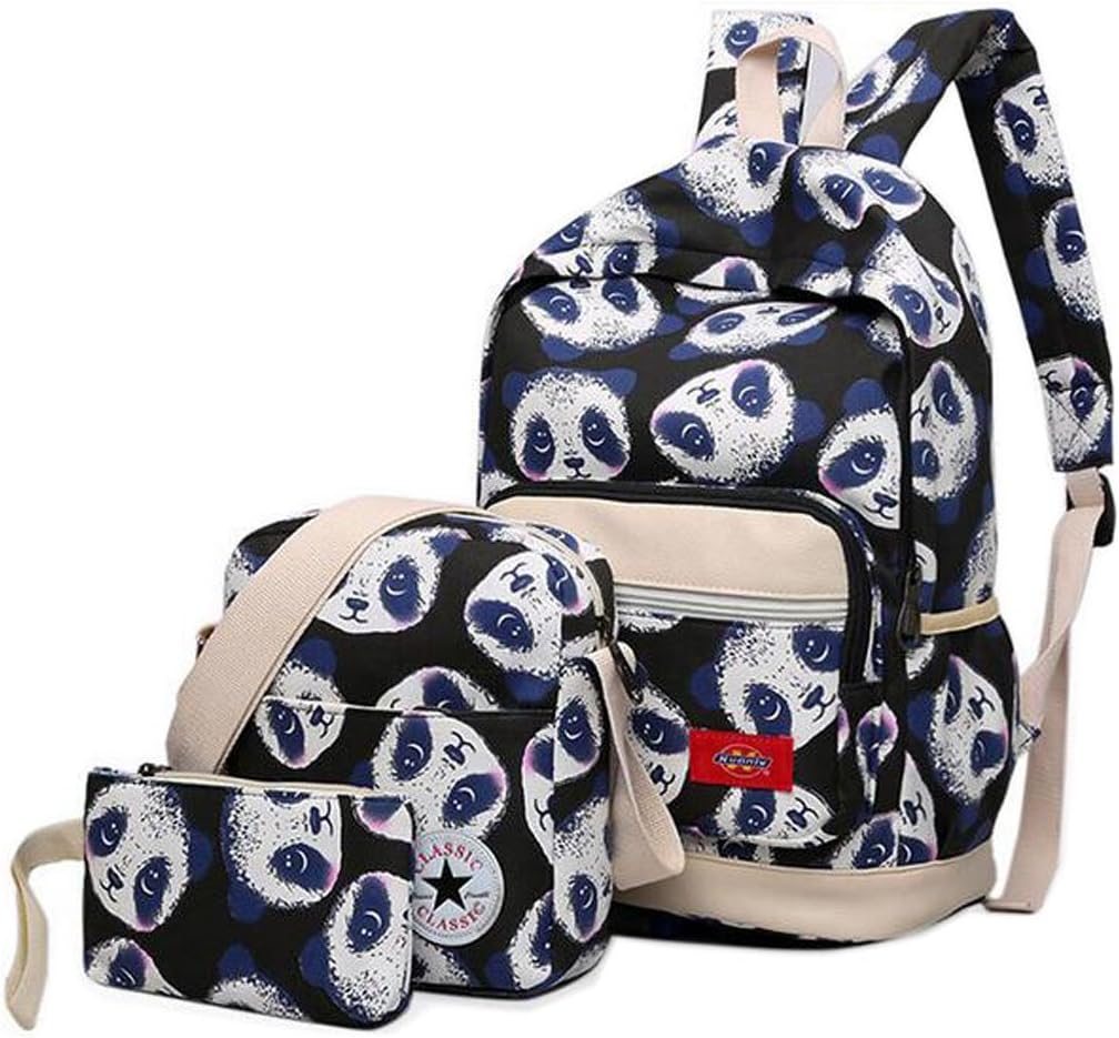 Teenage Girls Panda Graffiti Backpack Canvas School Bag Casual Travel Rucksack + Shoulder Bag + Purse (Black)