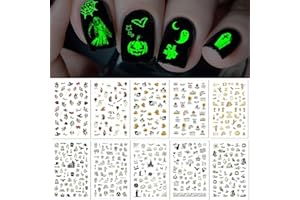 TailaiMei 10 Sheets Glow in The Dark Halloween Nail Stickers, Fluorescent Design Kids Nail Decals, Self-Adhesive DIY Nail Art Tips for Women Manicure