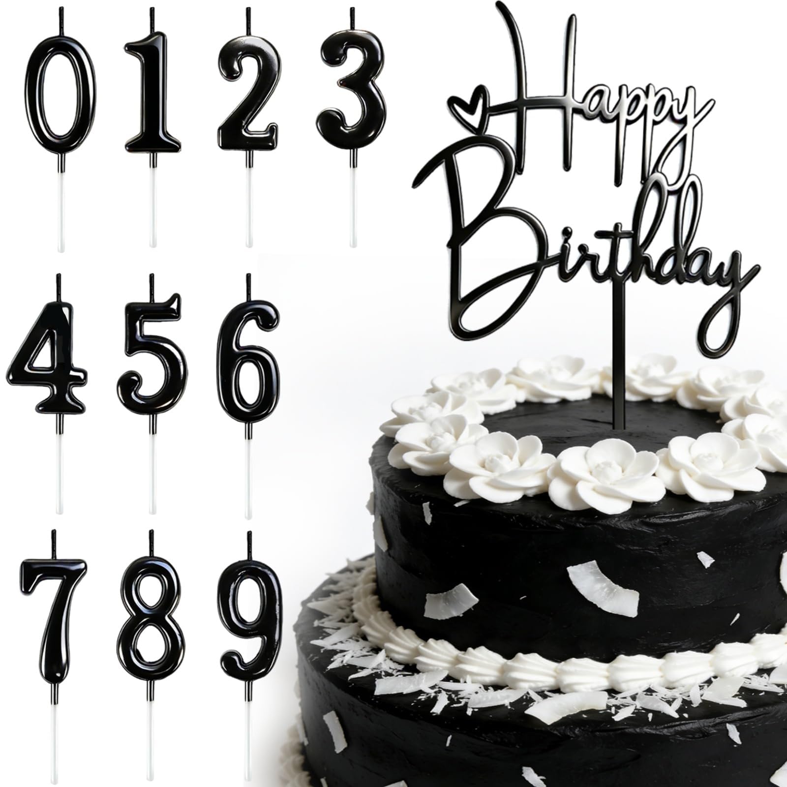 JAXICREY Birthday Candles Numbers for Cakes, 11PCS Black Cake Decorations, Number 0-9 Candle, Letter Happy Birthday Cake Topper Decoration for Man Women Boys Girls Wedding Anniversary Graduation Party
