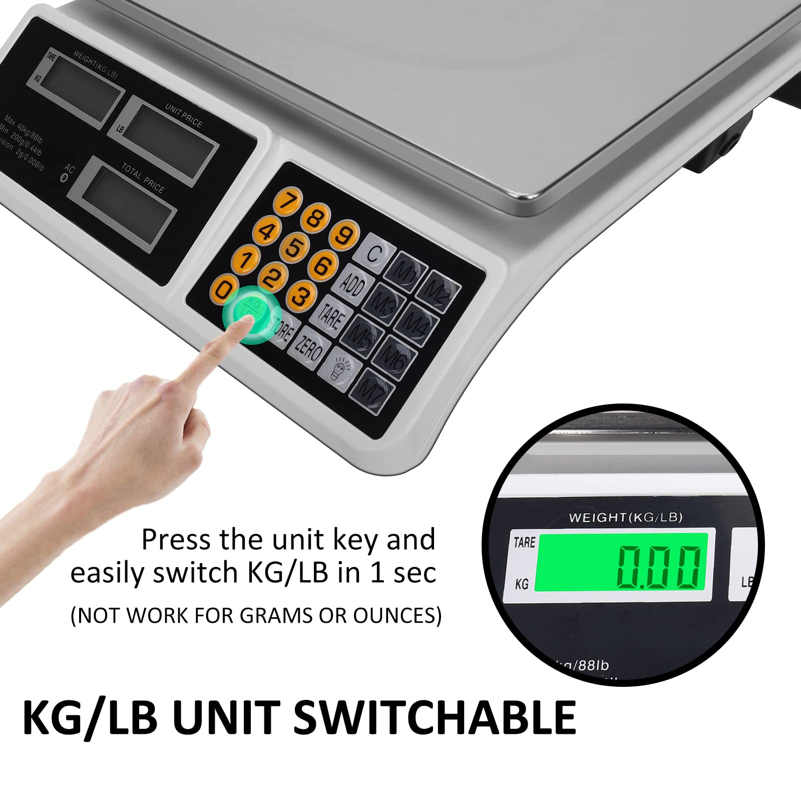 Price Computing Scale 88lb/40kg LCD Digital Commercial Price Scale with Stainless Steel Platform,Produce Scale & Food Scale for Farmers Market, Retail Outlets, Meat Shop (Flat Plate)