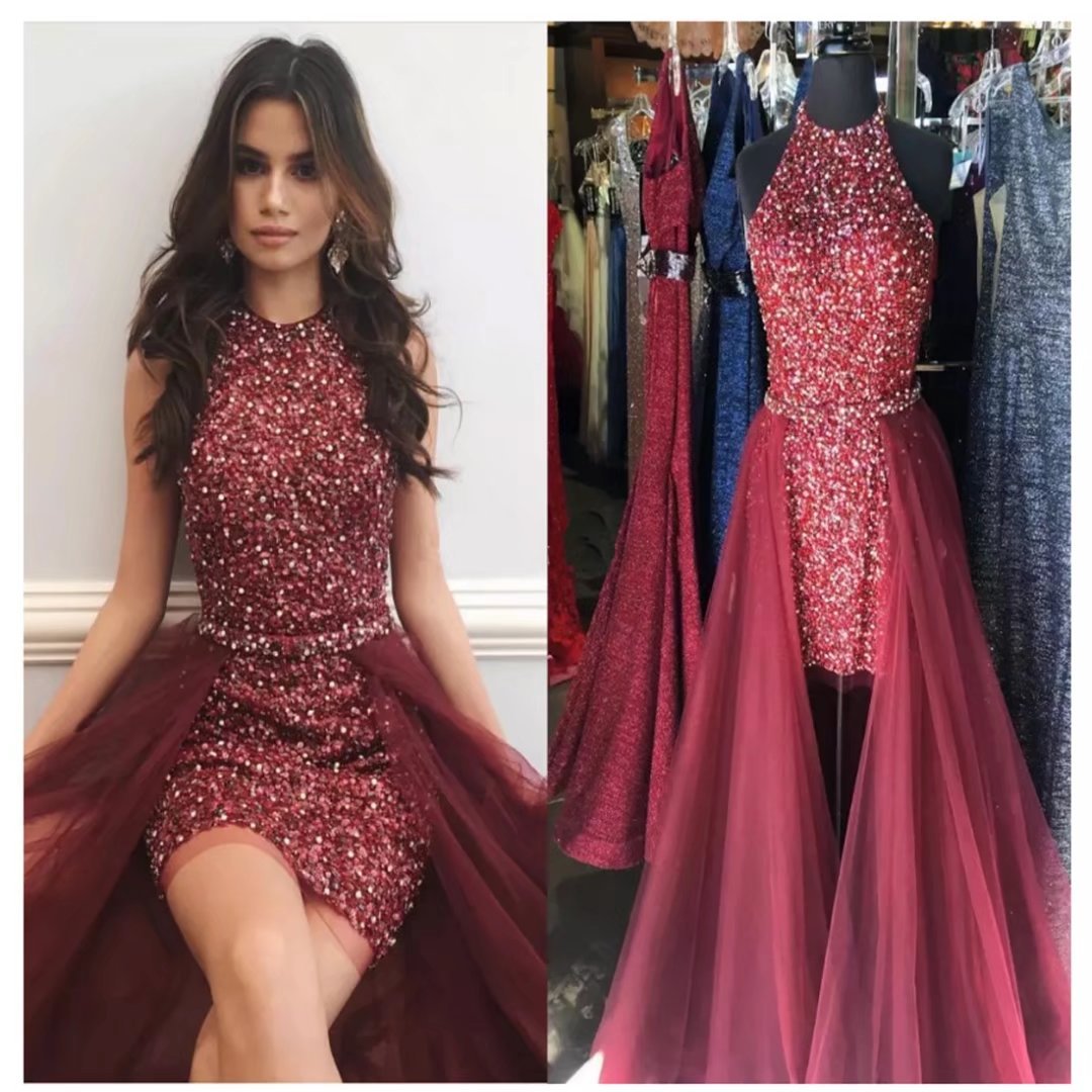 Chady Sparkly Royal Blue Short Prom Dresses with Tulle Detachable Skirt Sleeveless Crystal