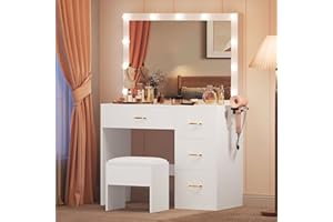 DWVO Makeup Vanity with Large Lighted Mirror, Vanity with Power Outlet, 3 Color Lighting Modes, Adjustable Brightness, 4 Drawers Vanity with Cushioned Stool for Women Girls, Pearl-White