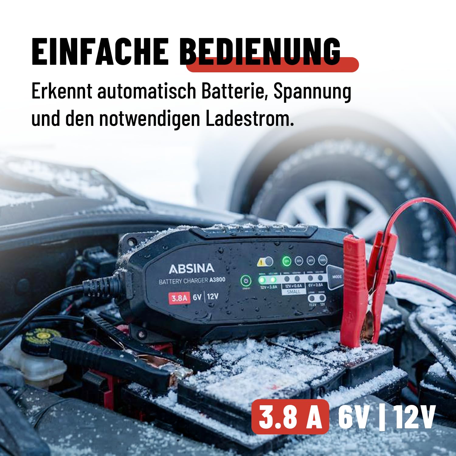 ABSINA 3,8 A Batterieladegerät KFZ für 6V & 12V Blei Batterie bis 120Ah & 12,8V Lithium - Ladegerät Autobatterie - AGM Ladegerät 12V für Auto Motorrad Wohnwagen - Erhaltungsladegerät 3